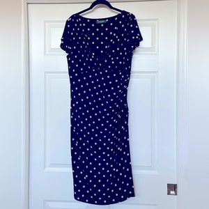 LAUREN by RALPH LAUREN navy blue with tan polka dot empire waist dress size 16